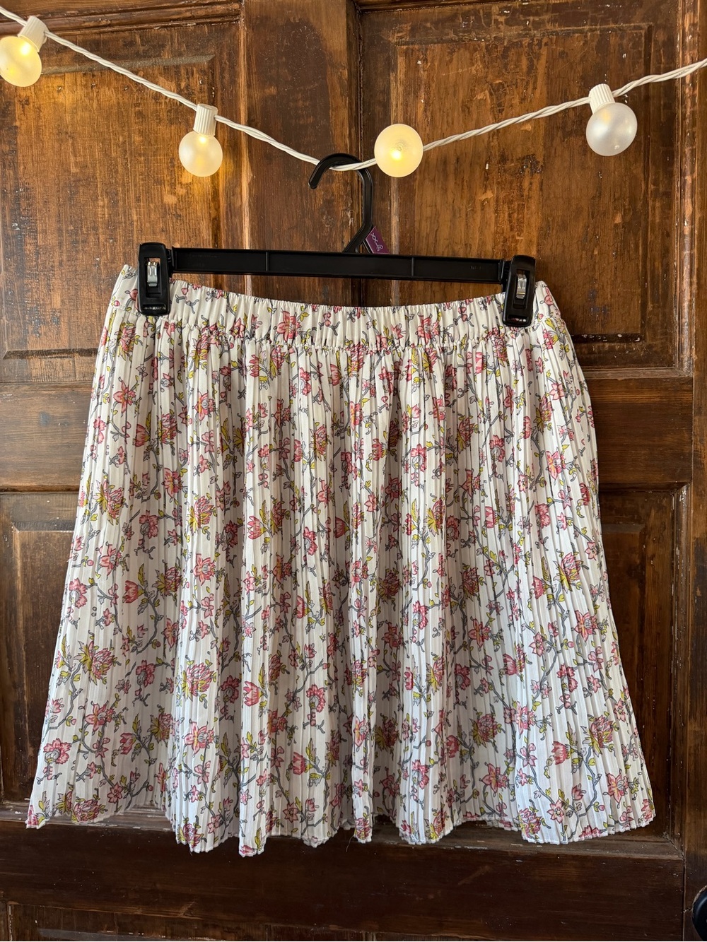 LOFT White Pleated Skirt with Pink & Green Floral Print
